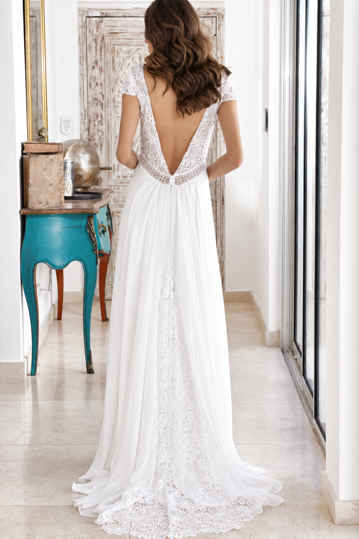 Robe de mariée longue Eline en dentelle et georgette, collection Idylle 2026 – Fabienne Alagama